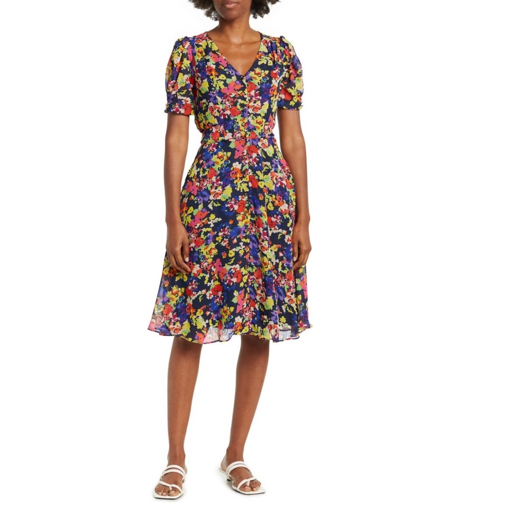 Julia Jordan Multicolor Floral Puff Sleeve Button Front Midi Dress- NWT- Reemoly